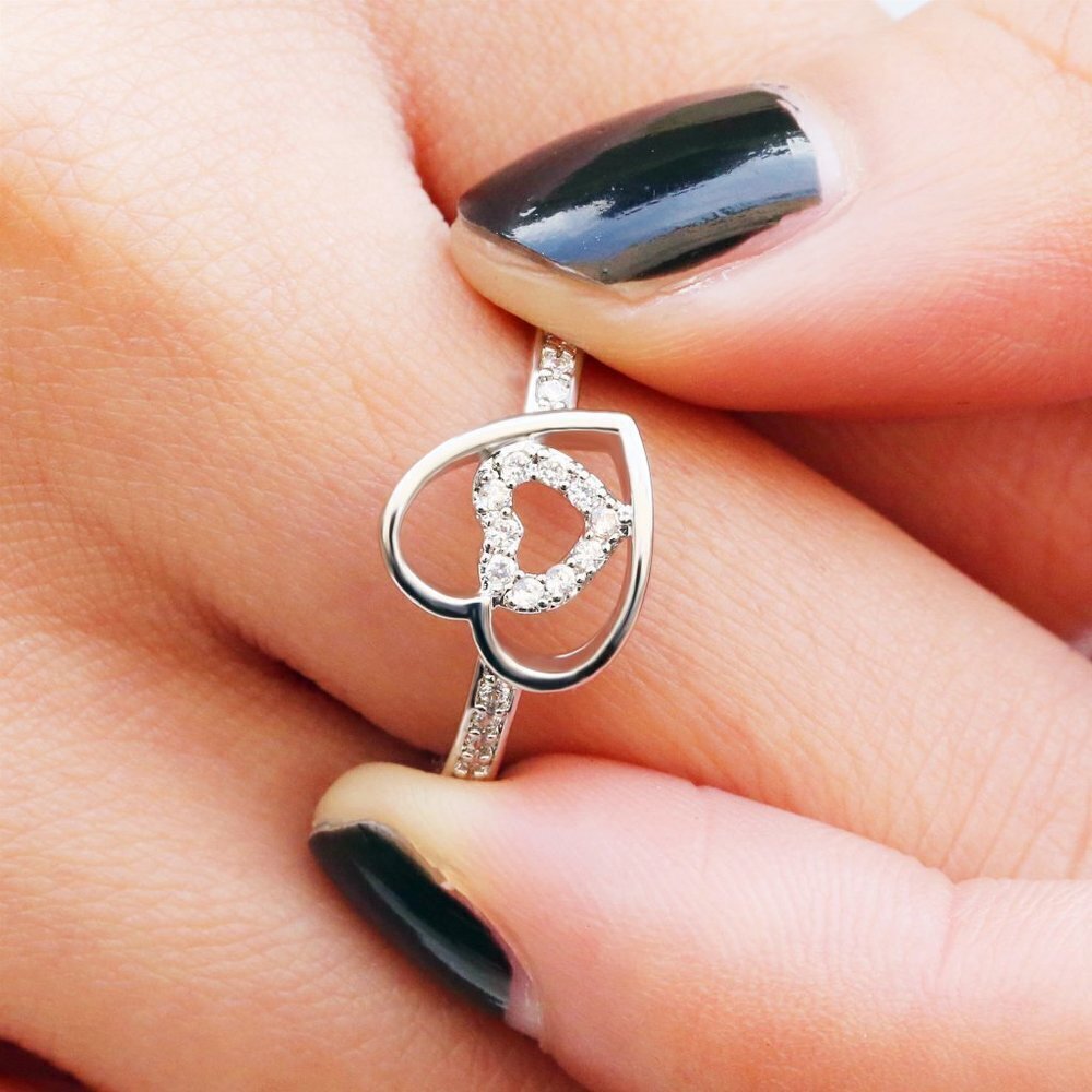 Lovely Hollow Double Heart Sweet Tiny Zircon Rings for Women, INDN8144